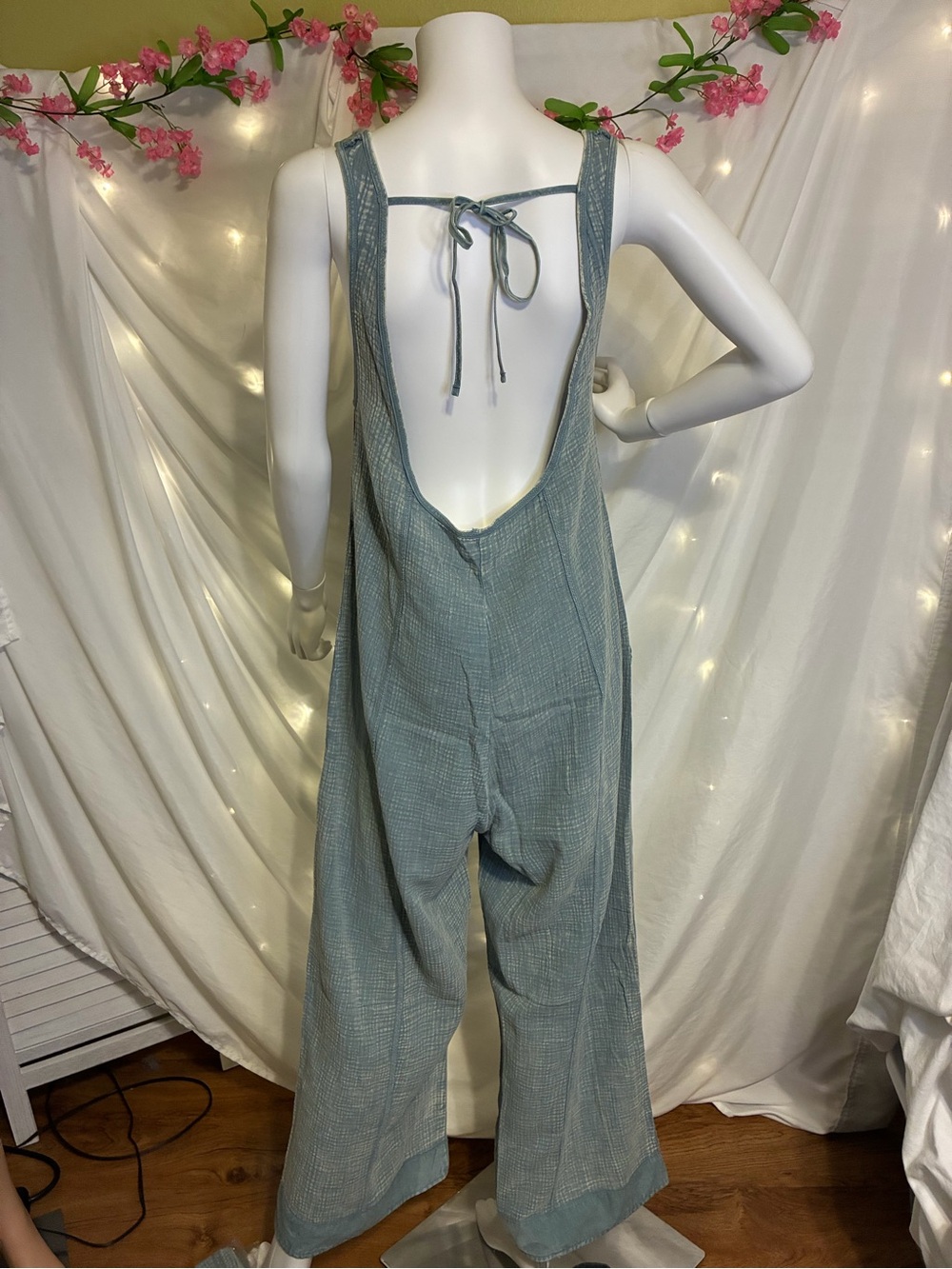 Zenana Dusty Blue/Cream Wide-Leg Square-Neck Jumpsuit (display small) - Picture 3 of 11